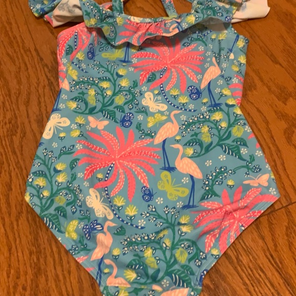 Boden 3-4Y one piece flamingo and beach print bathing suit with ruffles - Picture 3 of 3